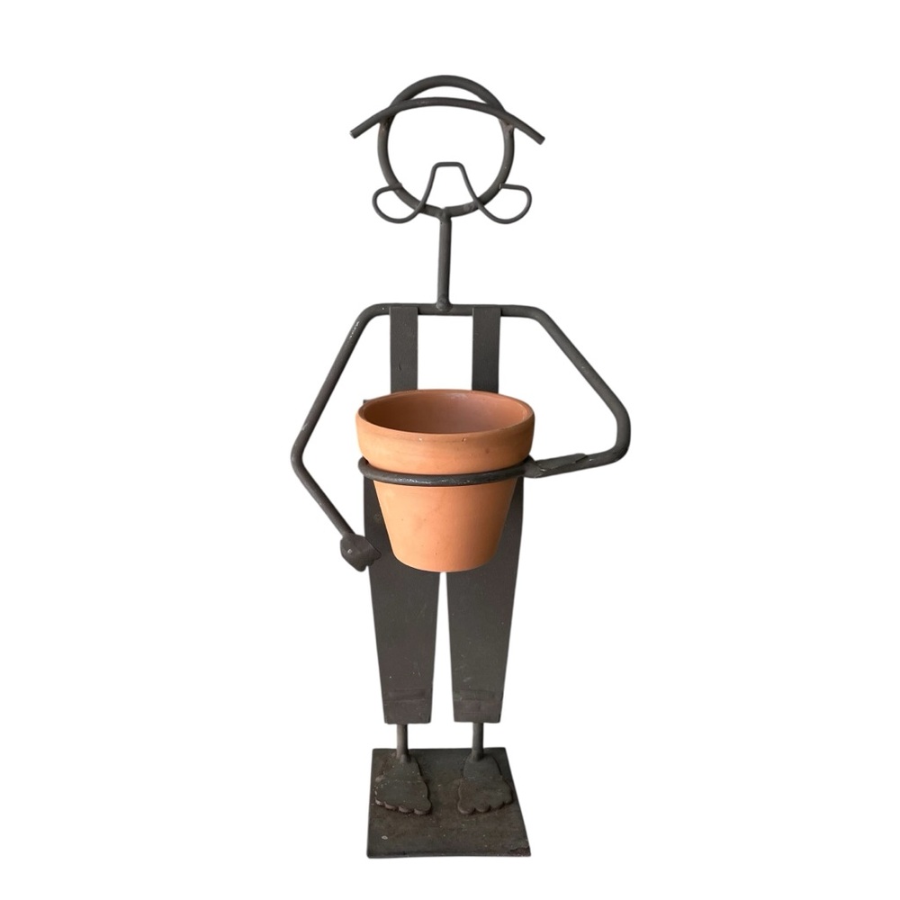 Metal Figure Planter Holding Terra Cotta Pot Rustic Whimsical